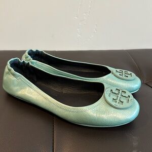 Tory Burch Minnie Travel Ballet Flats Teal Metallic Size 9.5